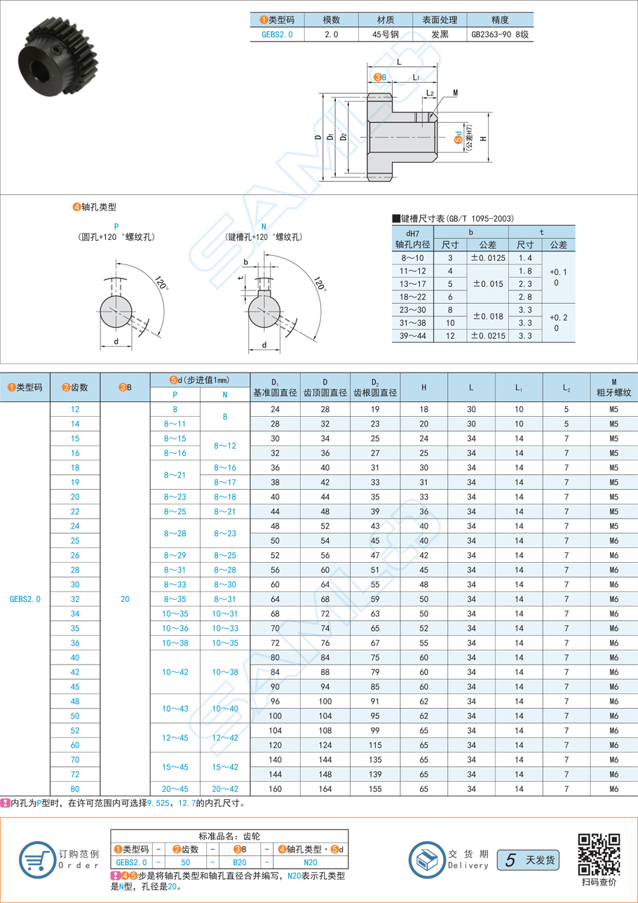 帶凸肩型直齒輪-壓力角20°模數2.0規(guī)格參數