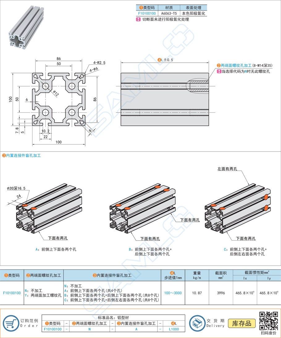 50系列鋁合金型材-100×100規(guī)格參數尺寸